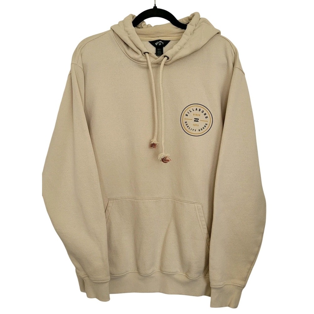 Billabong Graphic Logo Fleece Pullover Hoodie Beige Men's L Kangaroo Pocket